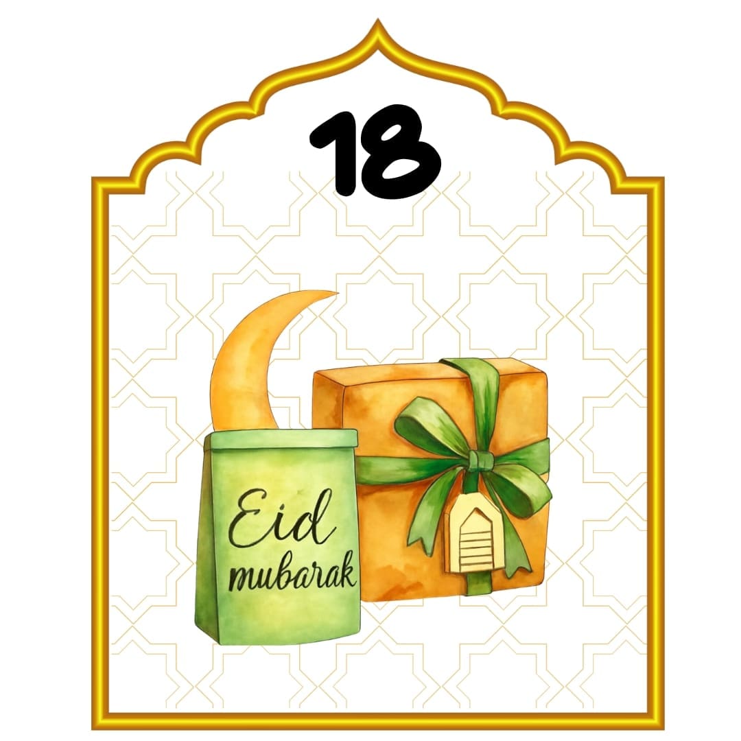Printable Ramadan 30-day countdown calendar for kids featuring 30 numbered squares with colorful Islamic illustrations including crescent moons, lanterns, mosque, Quran, dates, drum, children praying, and Eid elements in soft pastel tones with gold borders.
