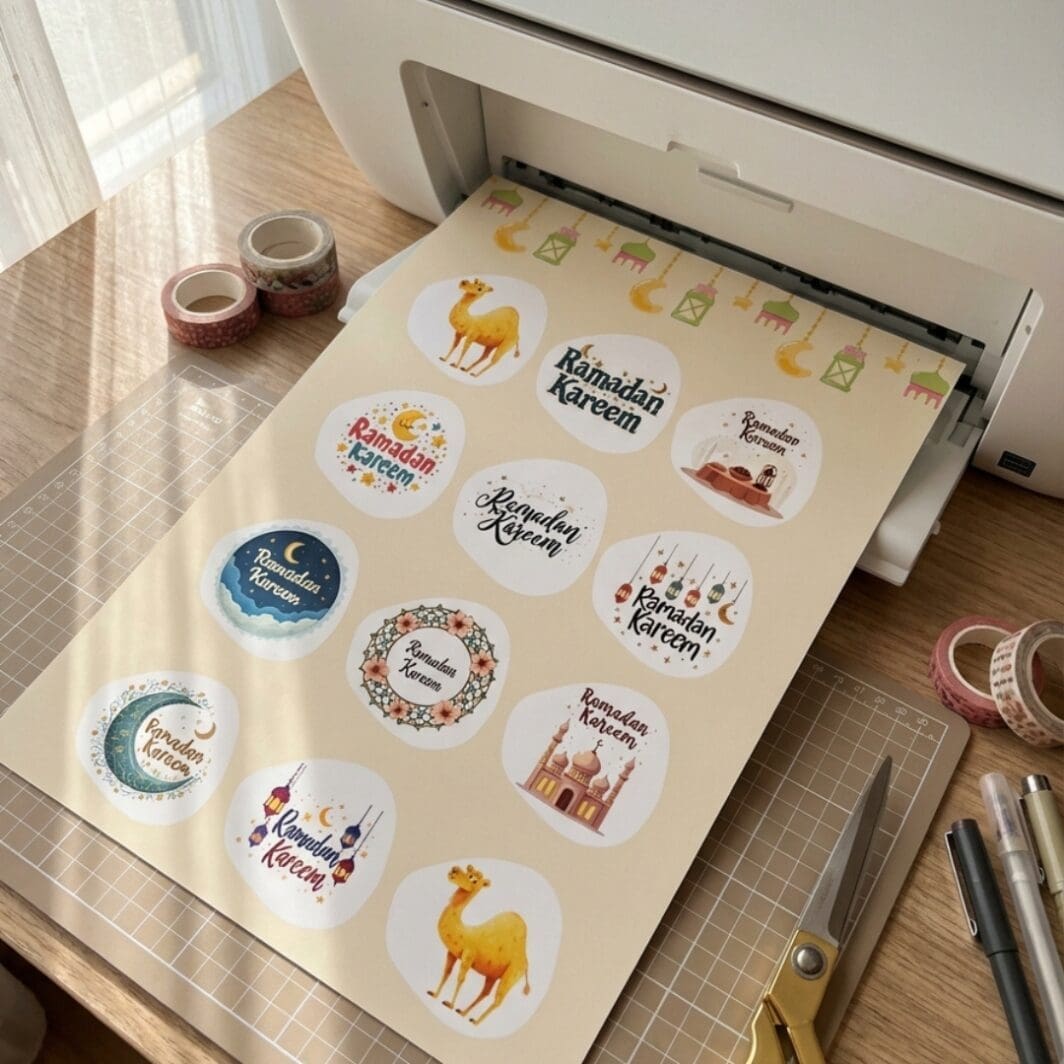 Ramadan Kareem digital sticker set featuring 11 transparent PNG designs with lanterns, crescent moons, mosques, stars, festive typography, and a friendly camel on a soft beige background.