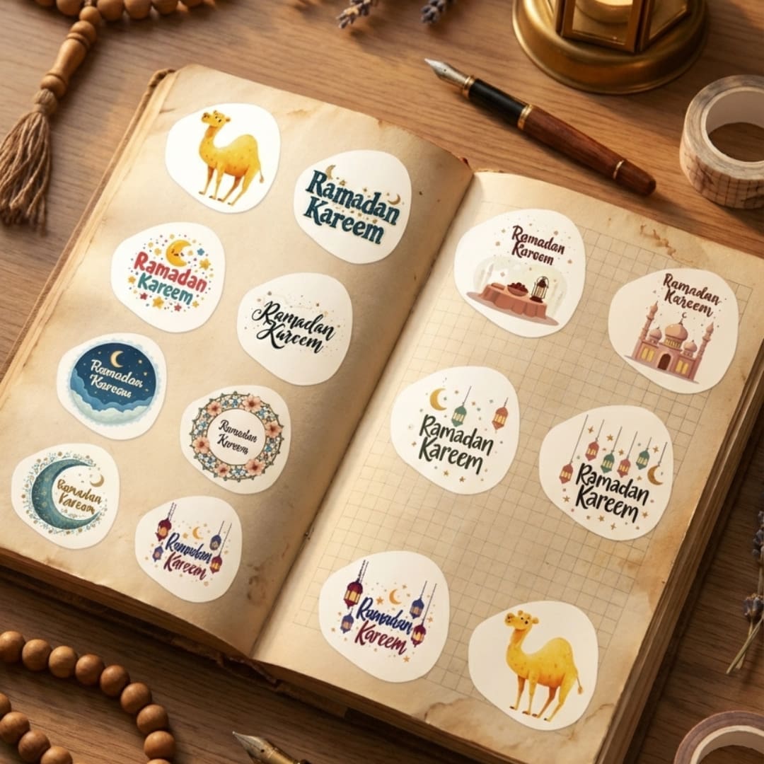 Ramadan Kareem digital sticker set featuring 11 transparent PNG designs with lanterns, crescent moons, mosques, stars, festive typography, and a friendly camel on a soft beige background.
