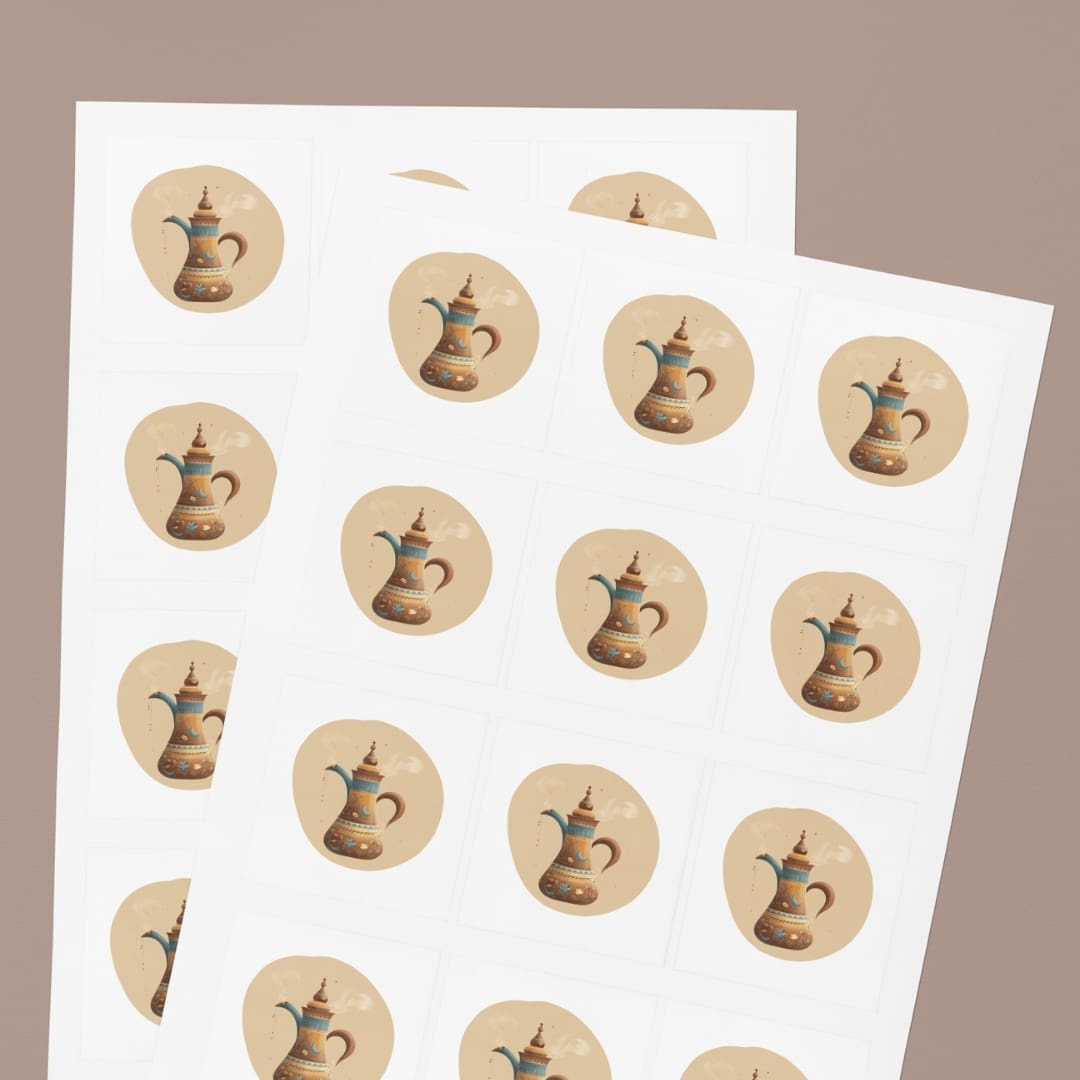 Sheet of 22 Ramadan-themed circular stickers arranged in a grid, featuring crescent moons, lanterns, mosques, camels, dates, Arabic coffee pots, and a Qur’an illustration in soft beige and blue tones on a neutral background