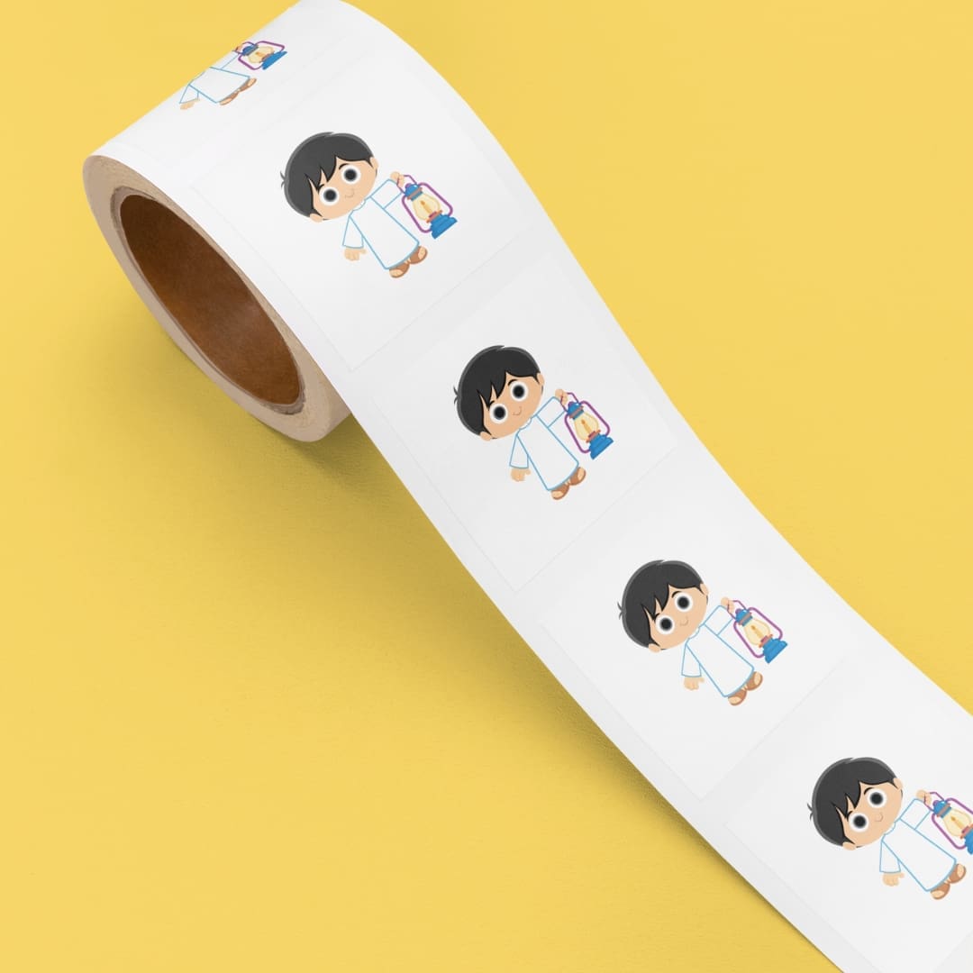 Colorful Ramadan for Kids sticker collection featuring 22 playful Islamic designs including lanterns (fanous), mosque, crescent moon, Quran, tasbeeh beads, Ramadan Mubarak text, and cute boy and girl characters in a bright, child-friendly cartoon style on a white background.