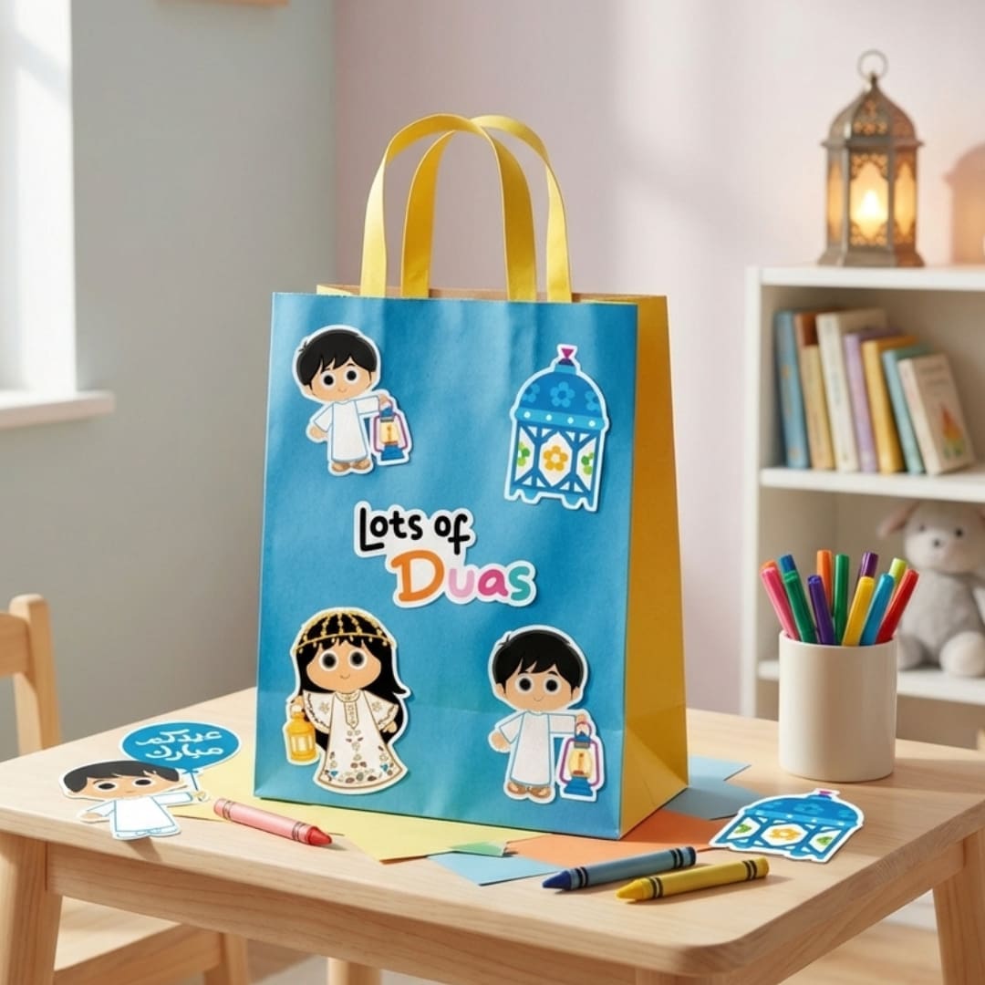 Colorful Ramadan for Kids sticker collection featuring 22 playful Islamic designs including lanterns (fanous), mosque, crescent moon, Quran, tasbeeh beads, Ramadan Mubarak text, and cute boy and girl characters in a bright, child-friendly cartoon style on a white background.