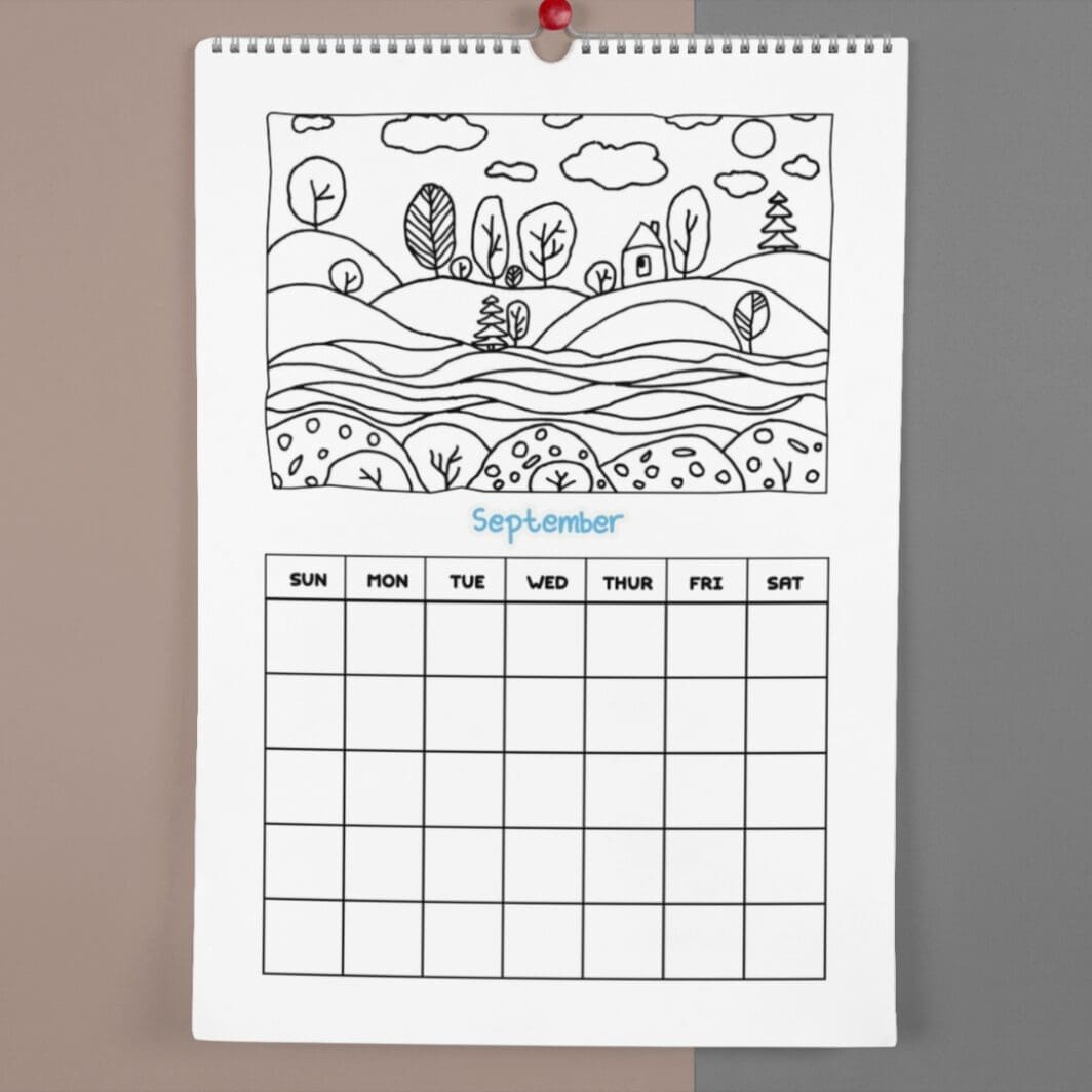 Printable kids coloring calendar cover showing a cheerful monthly calendar with a large coloring illustration on top and daily spaces below, designed for children ages 3–7 with fun themes and reusable sticker activities.