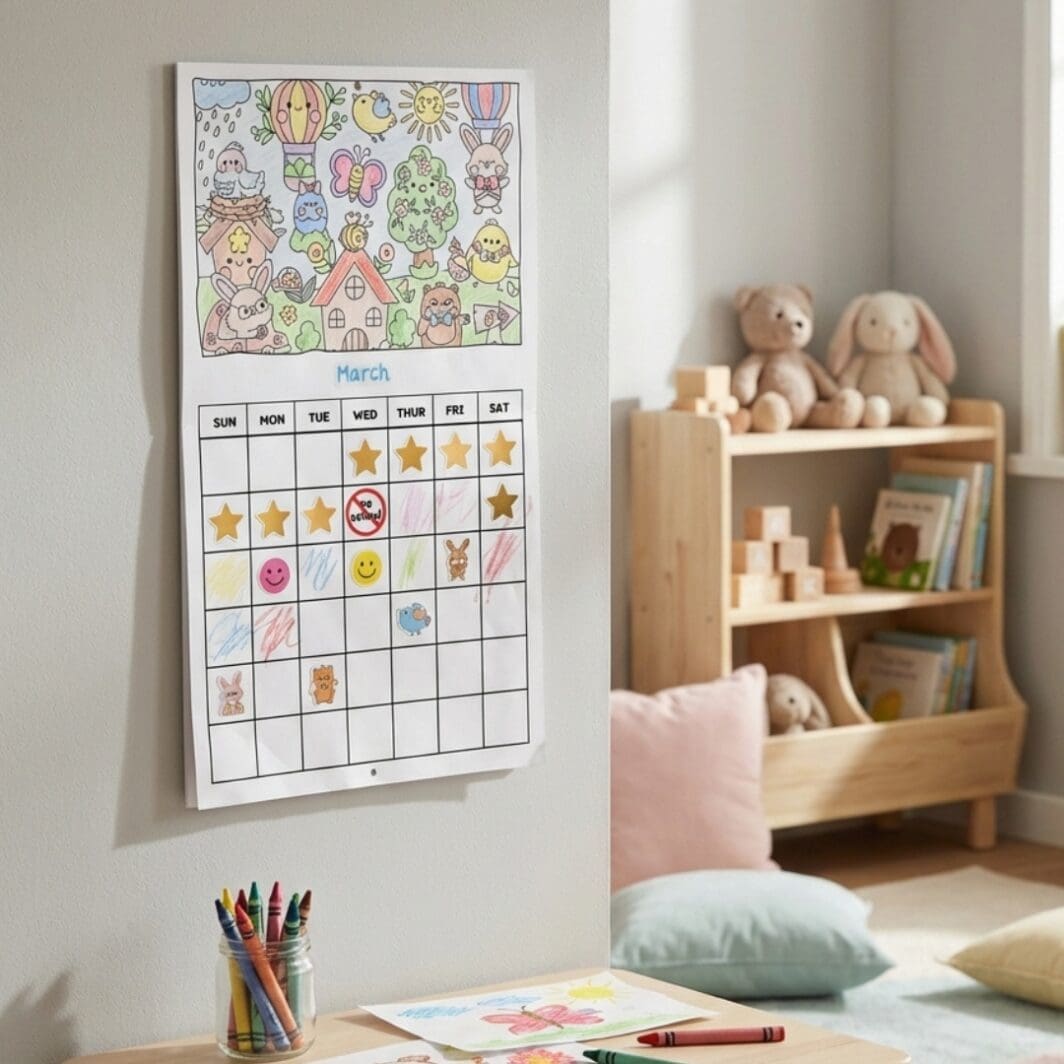 Printable kids coloring calendar cover showing a cheerful monthly calendar with a large coloring illustration on top and daily spaces below, designed for children ages 3–7 with fun themes and reusable sticker activities.