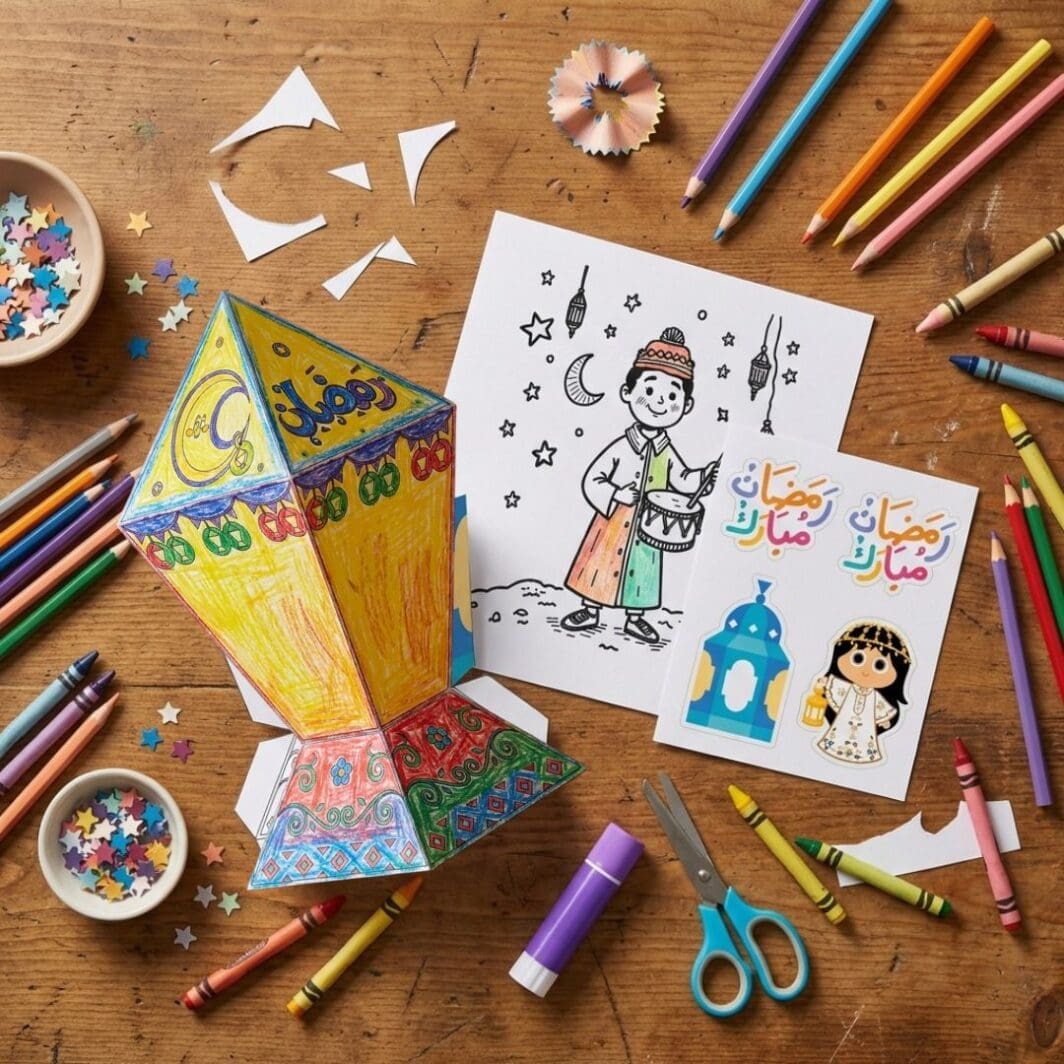 Top view of a kids workshop table displaying a Ramadan Kids Bundle with a DIY paper fanous lantern craft, six Ramadan-themed coloring pages, and a sheet of 22 colorful Ramadan stickers, surrounded by crayons, scissors, and craft supplies.