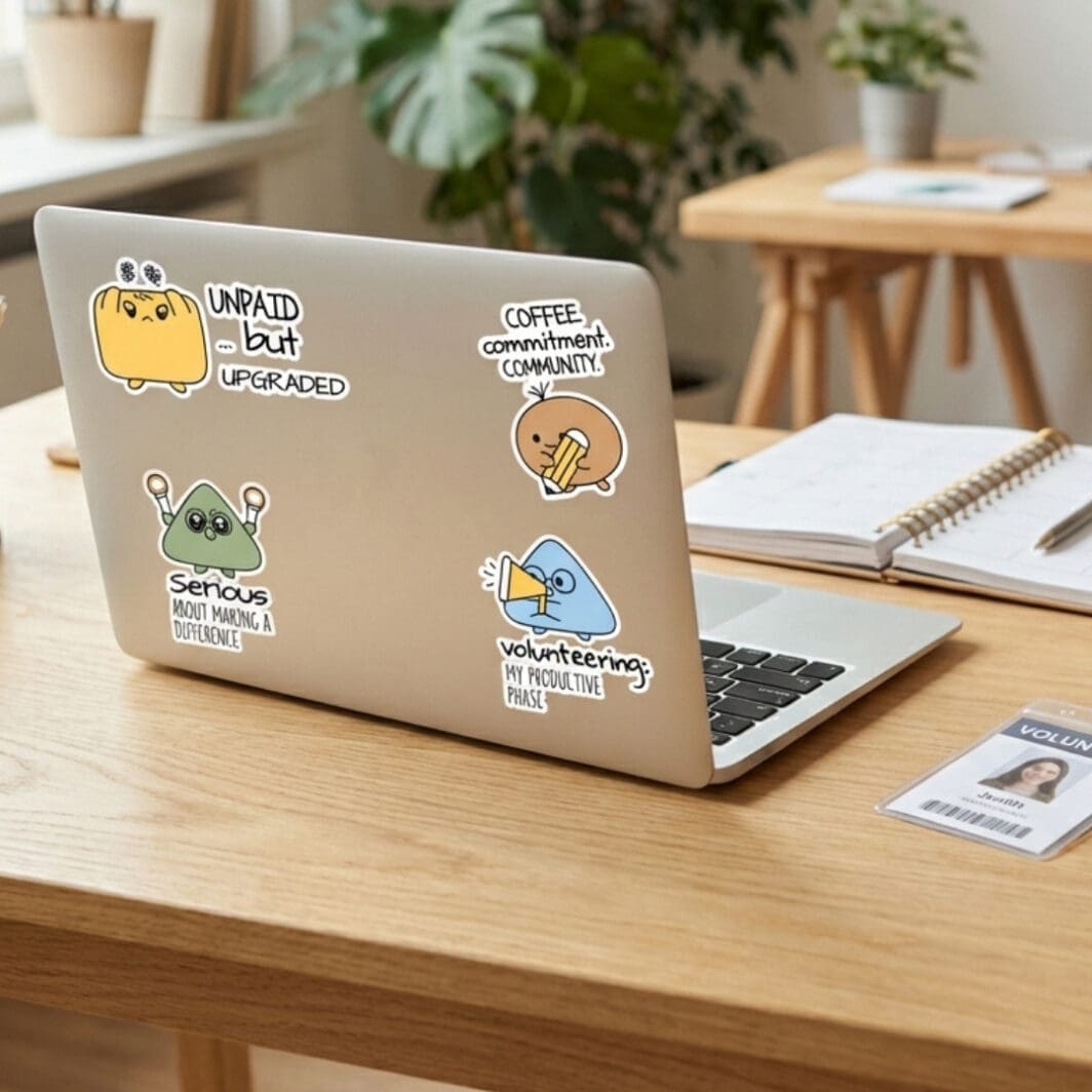 Top view of a modern volunteer workspace featuring a light oak desk with a laptop, planner, coffee cup, and indoor plant, displaying a collection of 10 colorful die-cut motivational stickers designed for youth volunteers and interns.