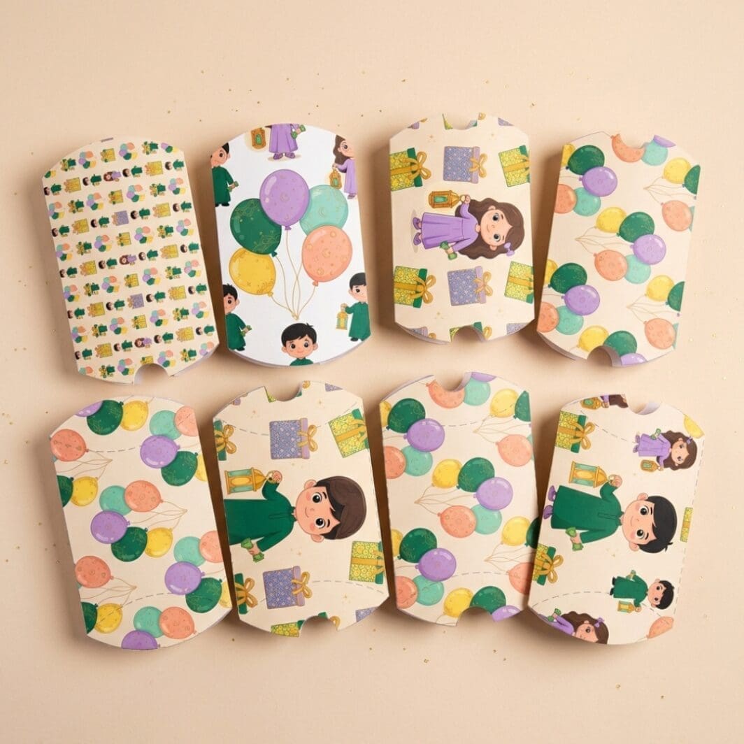 Printable Eidiya Envelope DIY for Eid al-Fitr featuring a cute pastel design with lantern and gift box illustrations, sized 3.625 x 6 inches, perfect for kids to assemble and decorate at home.