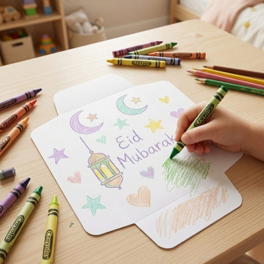 Printable Eid al-Fitr Eidiya envelope template in pastel lavender and emerald tones with festive lantern and gift box illustrations, DIY money envelope for kids, 3.625 x 6 inches.