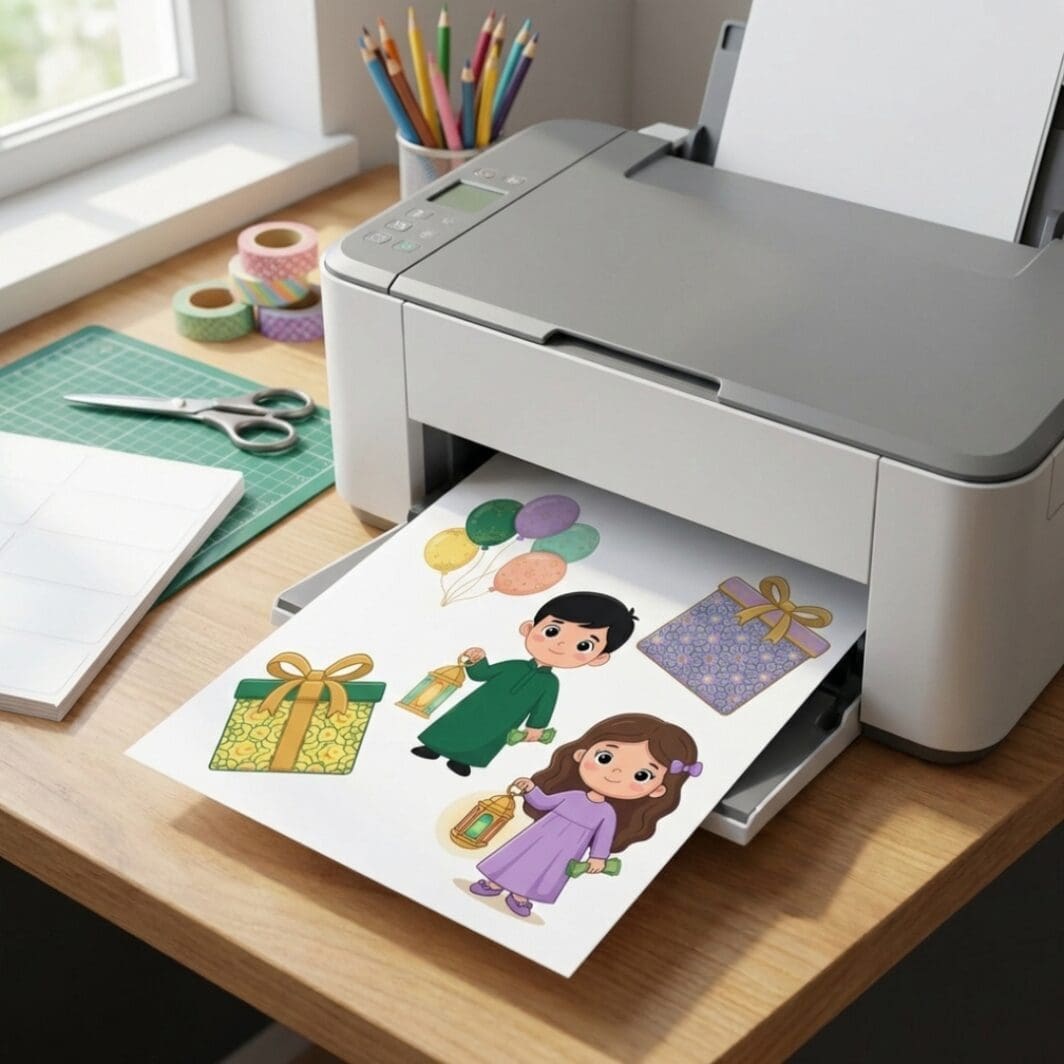 Printable Eidiya stickers sheet coming out of a home printer in a creative workshop setting, featuring cute Eid illustrations of a boy and girl with lanterns, gift boxes, and pastel balloons on A4 paper.