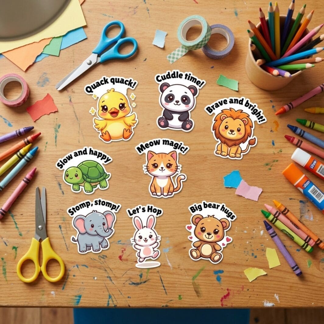 A colorful collection of 9 kawaii animal stickers for kids featuring cute smiling animals with big eyes in bright pastel colors, arranged together on a clean white background in a playful, child-friendly style.