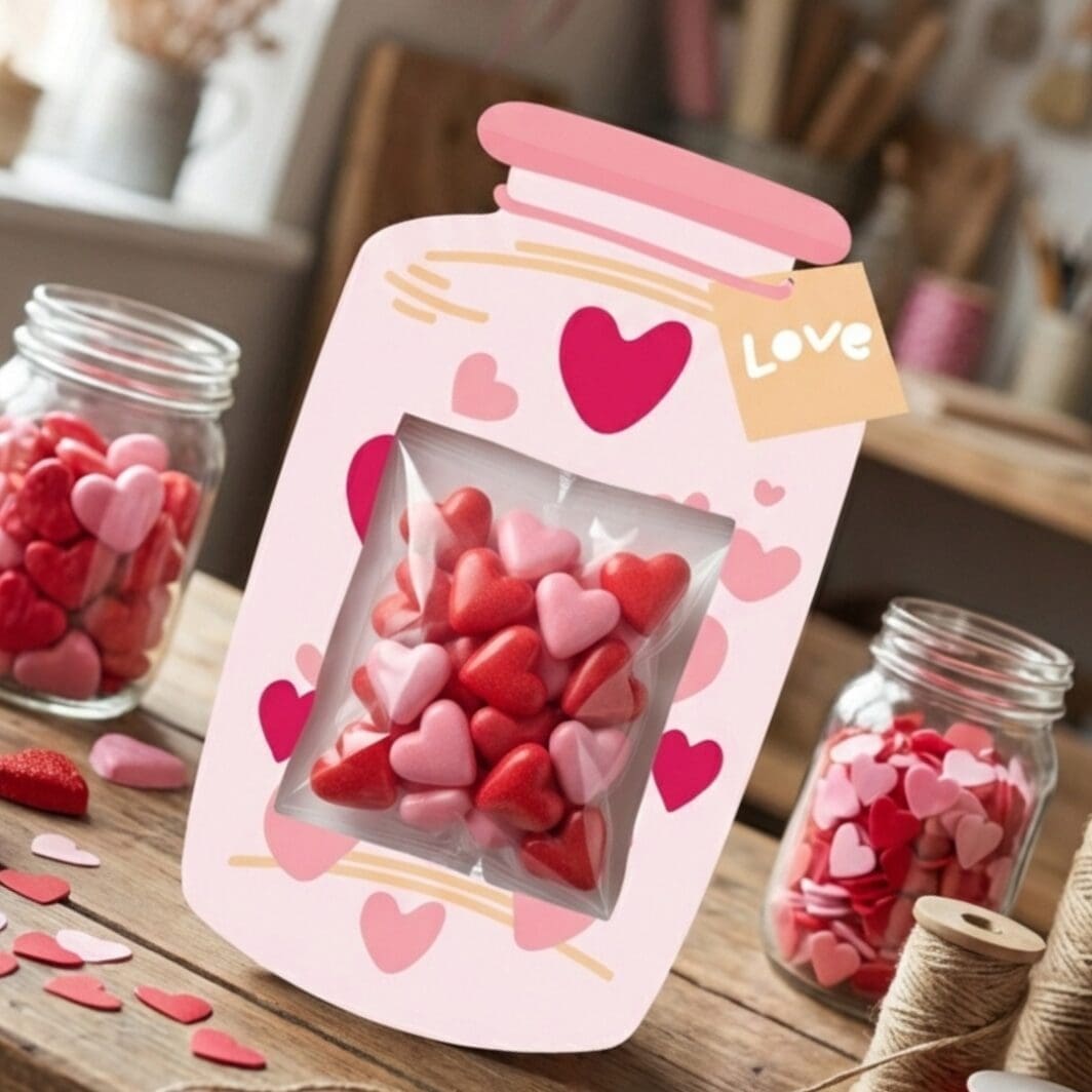Printable Mason Jars Valentine DIY card set featuring two mason jar designs with a cut-out window, showing a clear transparent treat bag filled with red and pink Valentine candies, displayed on an A4 landscape layout ready to print and cut.
