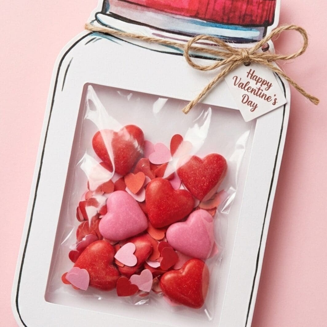 Printable Mason Jars Valentine DIY card set featuring two mason jar designs with a cut-out window, showing a clear transparent treat bag filled with red and pink Valentine candies, displayed on an A4 landscape layout ready to print and cut.