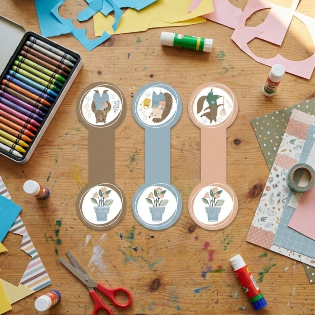 Top view of three pastel animal bookmarks featuring a bear, hedgehog, and fox in soft neutral, blue, and peach tones, placed on a colorful kids’ craft workshop table with art supplies.