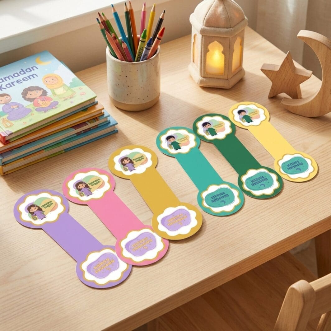 Ramadan Kareem printable magnetic bookmarks collection featuring pastel girl and boy designs with lantern illustrations, scalloped gold frames, and soft lavender, pink, mustard, teal, green, and yellow color variations.