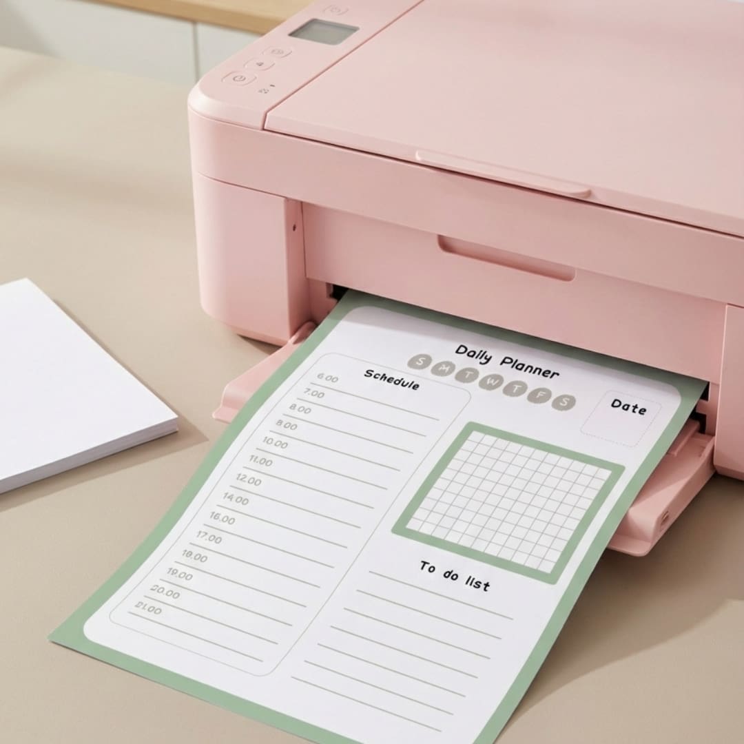 Soft Studio Daily Planner printable in pastel design featuring daily schedule, priorities, to-do list, and notes section in a clean minimal A4 layout.