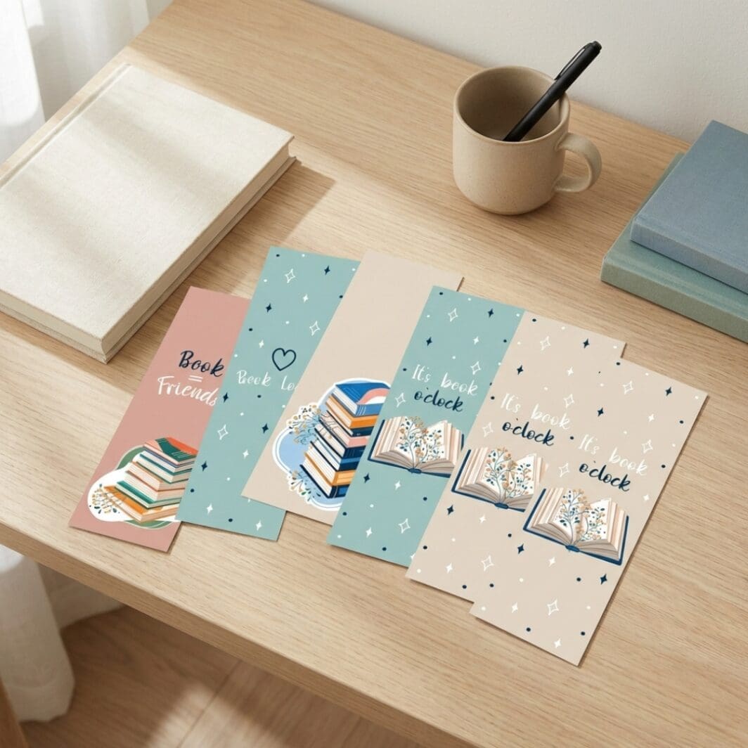 Set of six Soft Studio printable bookmarks in soft pastel colors featuring book-themed illustrations and quotes like “Book Lover,” “Book = Friends,” and “It’s book o’clock,” arranged vertically on an A4 layout with cozy star details and stacked book graphics.