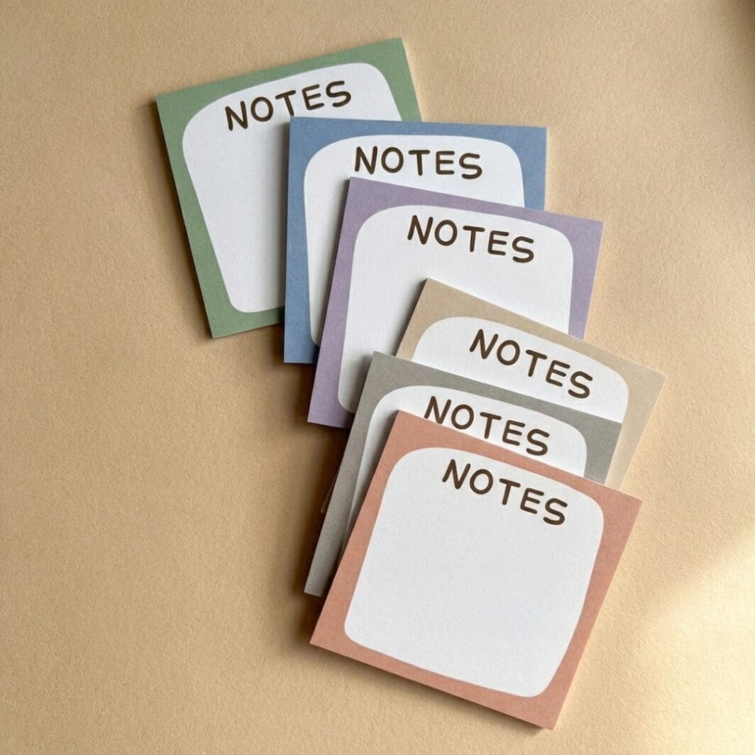 Soft Studio printable note papers featuring six square pastel designs in sage green, dusty blue, muted lavender, soft sand beige, warm grey, and terracotta blush, each with a white writing area and “NOTES” header on a clean A4 layout.