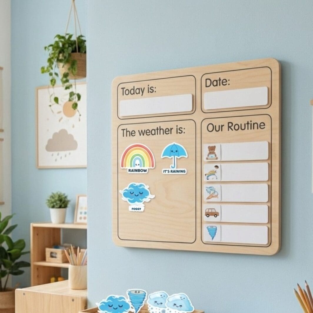 Colorful educational weather stickers for kids featuring sunny, rainy, cloudy, windy, stormy, foggy, and rainbow designs, displayed on a child-friendly weather chart.
