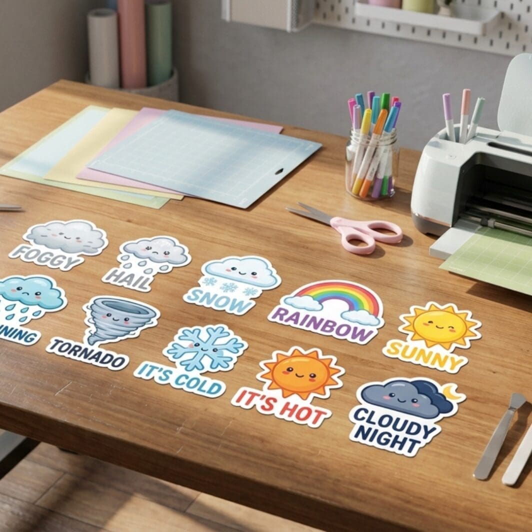 Colorful educational weather stickers for kids featuring sunny, rainy, cloudy, windy, stormy, foggy, and rainbow designs, displayed on a child-friendly weather chart.