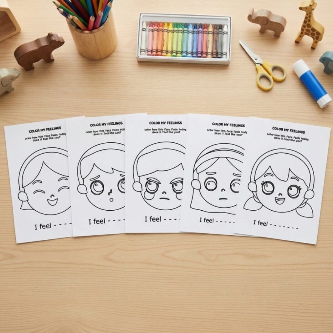 Pink printer printing kids ‘I feel’ emotion coloring page on craft desk