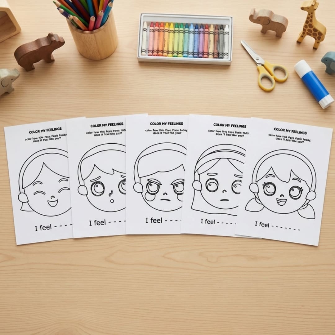 Pink printer printing kids ‘I feel’ emotion coloring page on craft desk
