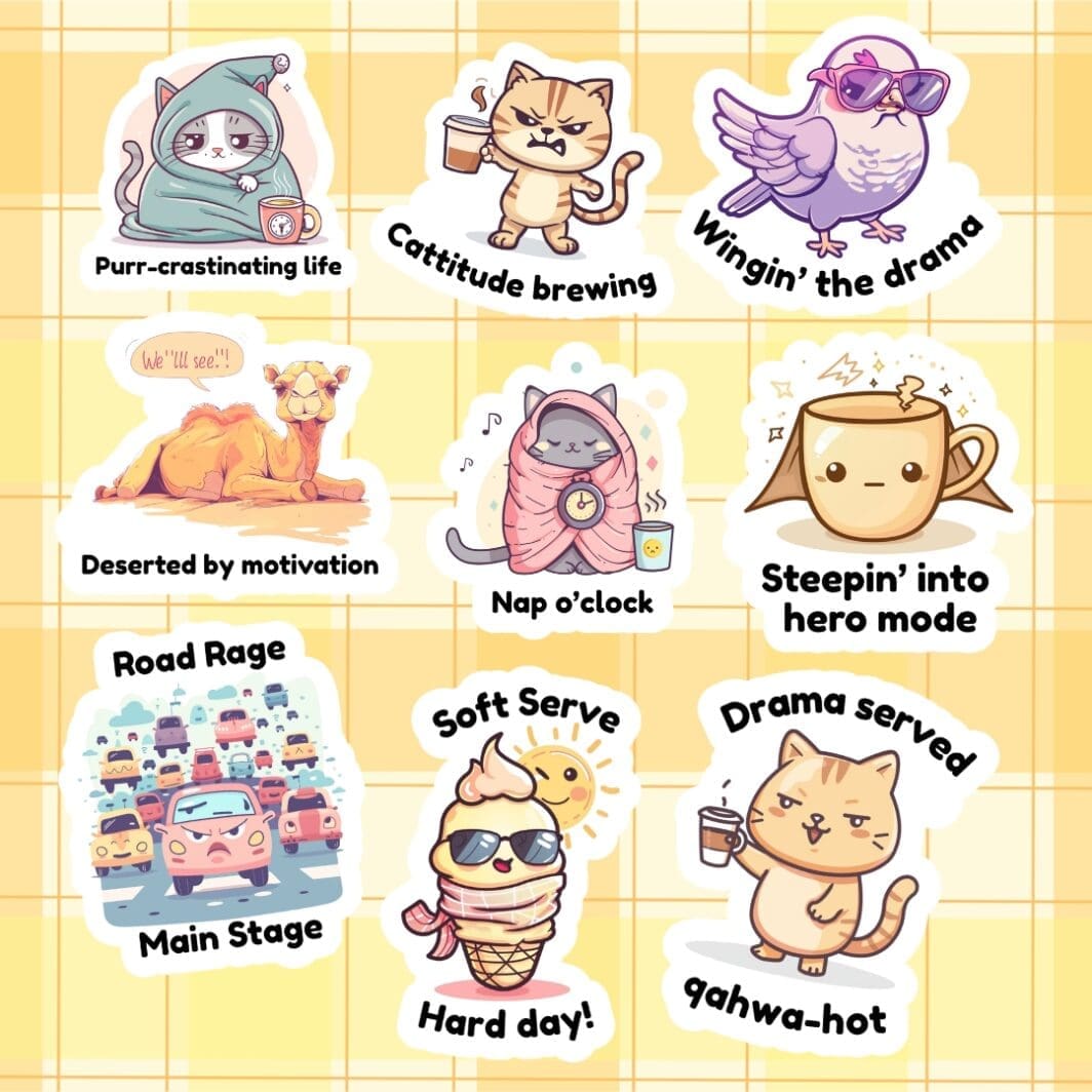 Cute pastel mood sticker collection titled “Daily Dramas” featuring sassy coffee cats, a melting ice cream in sunglasses, an angry traffic car, a superhero tea cup, a dramatic pigeon, cozy sleepy cats, and an exhausted camel, all with funny wordplay captions.