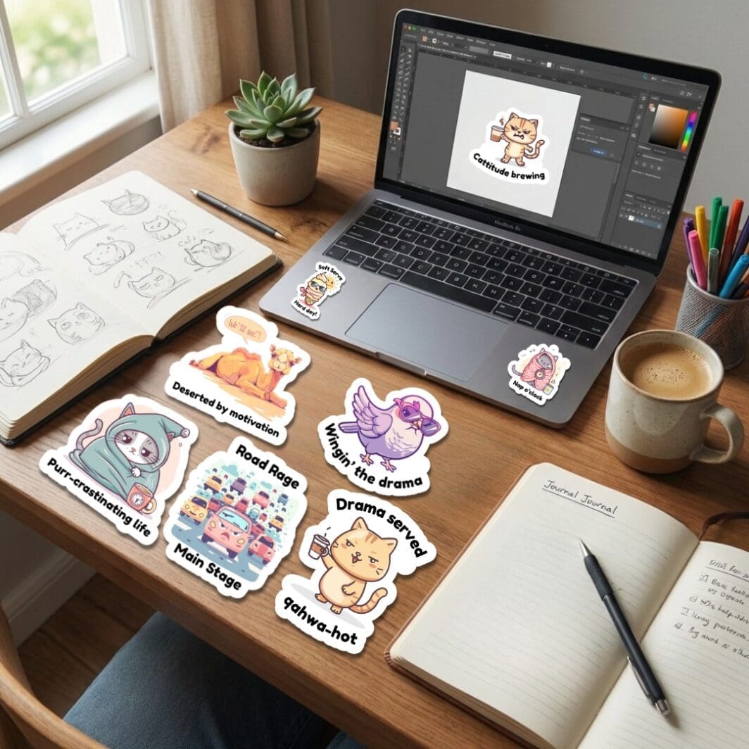 Cute pastel mood sticker collection titled “Daily Dramas” featuring sassy coffee cats, a melting ice cream in sunglasses, an angry traffic car, a superhero tea cup, a dramatic pigeon, cozy sleepy cats, and an exhausted camel, all with funny wordplay captions.