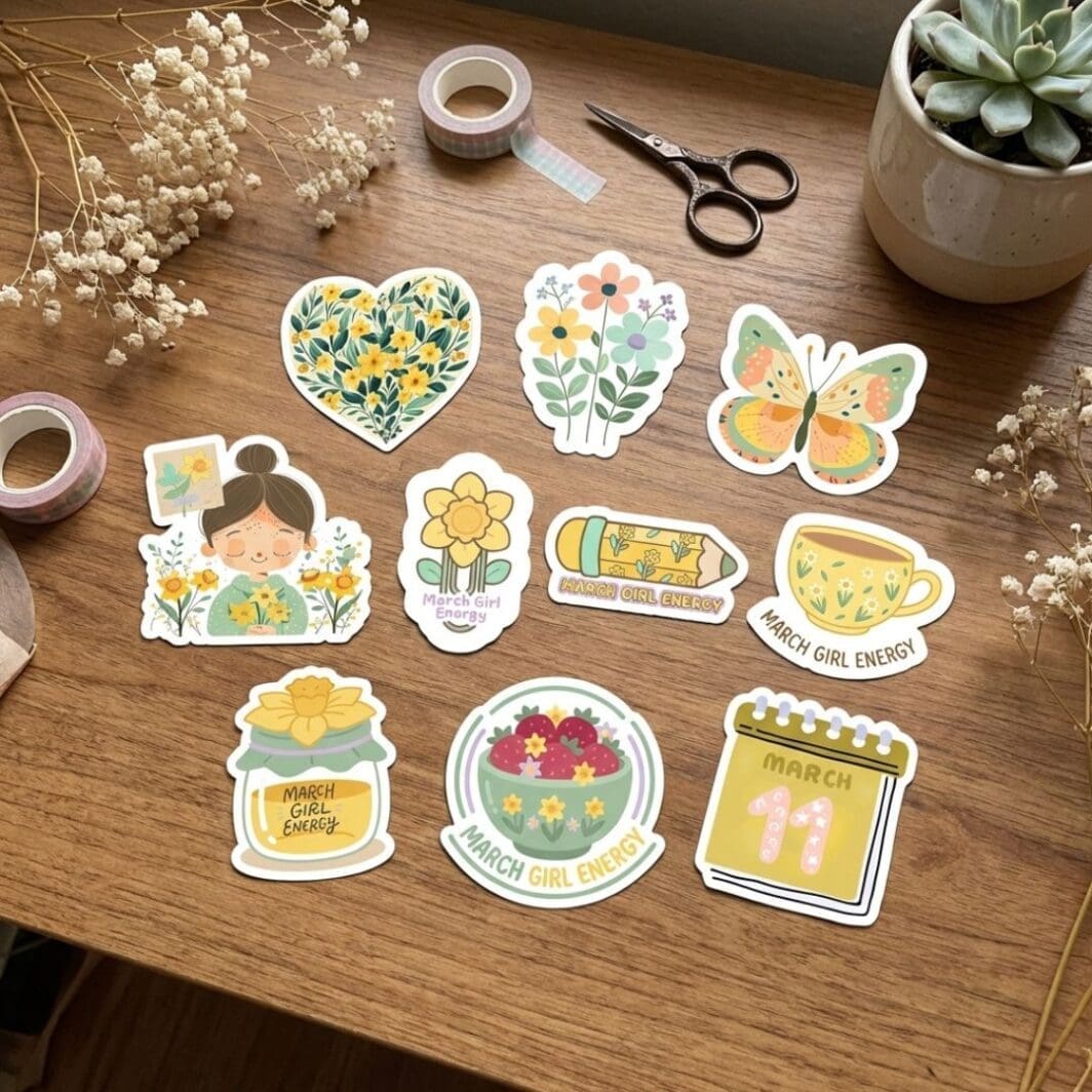March Girl Energy Mini Stickers collection featuring 22 cute pastel designs including flowers, butterflies, mugs, and nature-inspired illustrations for journaling and decoration.