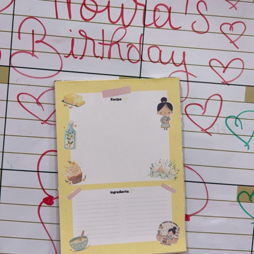 March Girl Energy Recipe Planner printable featuring a pastel aesthetic layout with sections for ingredients and recipe notes, designed as a cute and organized kitchen planning sheet.