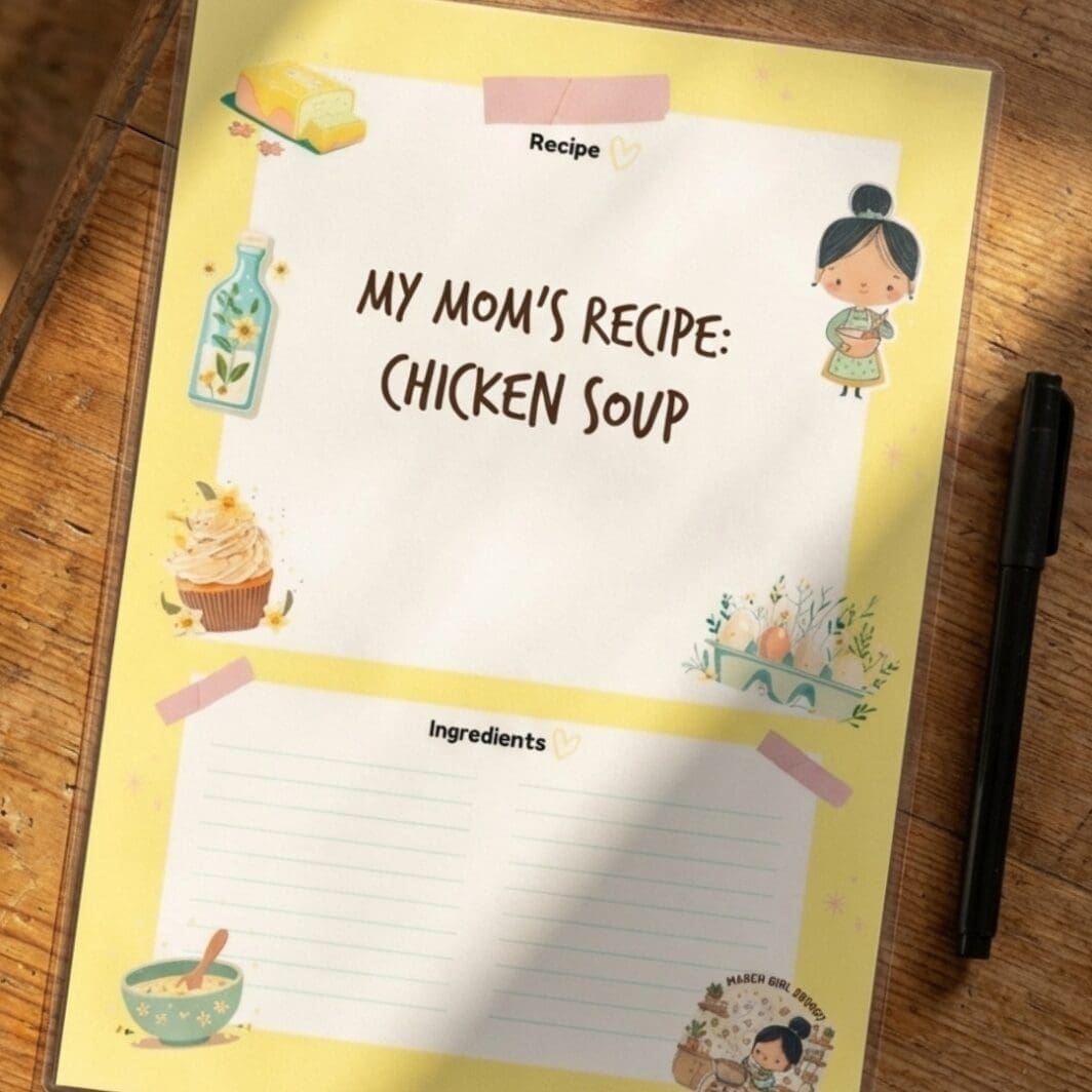 March Girl Energy Recipe Planner printable featuring a pastel aesthetic layout with sections for ingredients and recipe notes, designed as a cute and organized kitchen planning sheet.