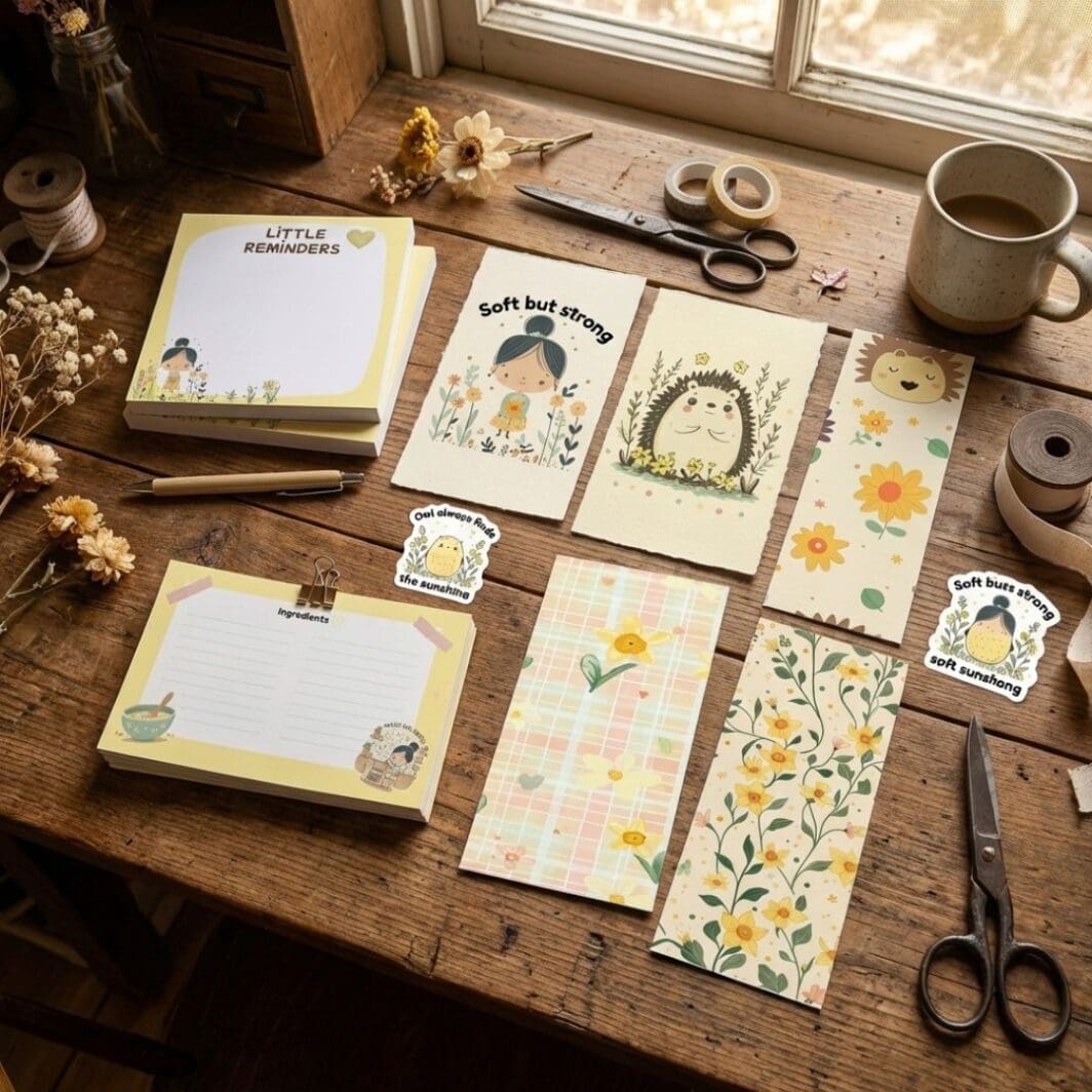 March Girl Energy Bundle displayed on a wooden desk, featuring planners, note papers, puzzles, bookmarks, stickers, and pastel seamless patterns arranged in a cozy aesthetic layout.