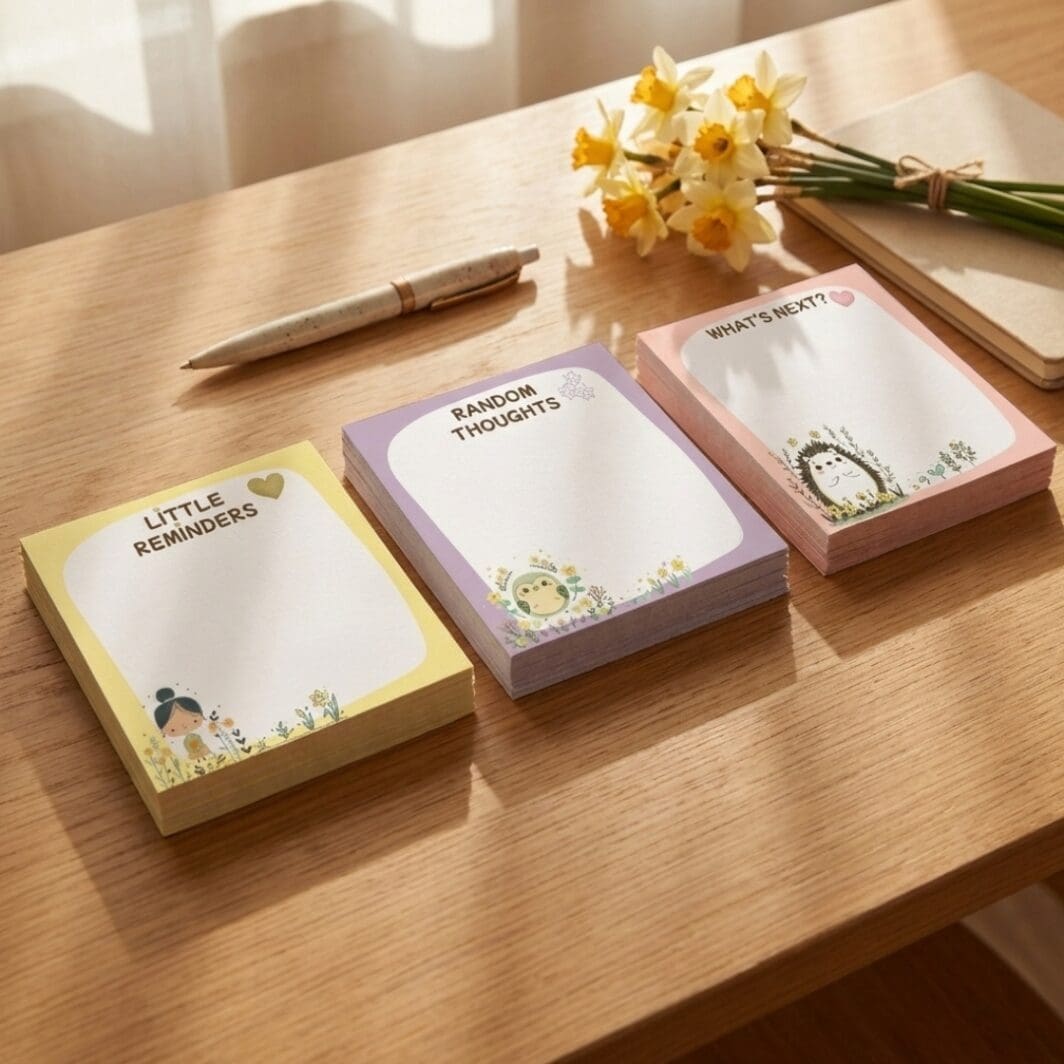 March Girl Energy printable note papers set featuring pastel-themed designs with sections titled “Little Reminders,” “Random Thoughts,” and “What’s Next?” with cute illustrations and space for writing notes.