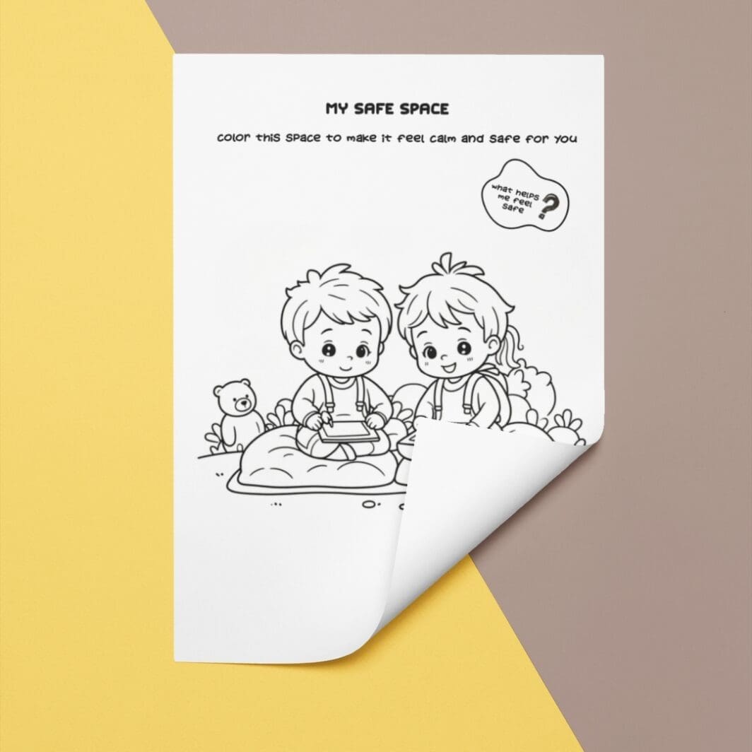 Cover of “My Safe Place” coloring pages showing children in a calm classroom setting with simple black and white line art designed for psychosocial support