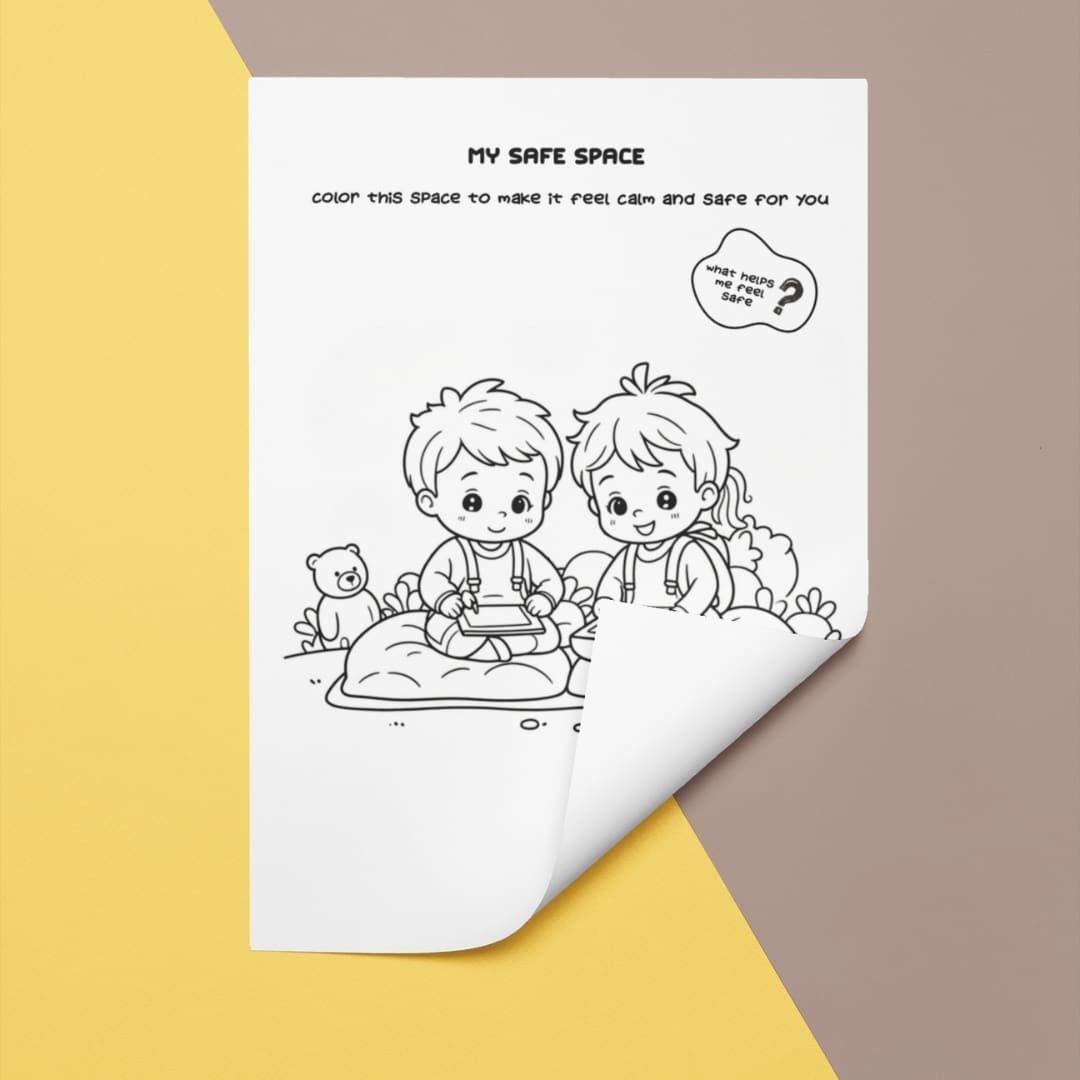Cover of “My Safe Place” coloring pages showing children in a calm classroom setting with simple black and white line art designed for psychosocial support