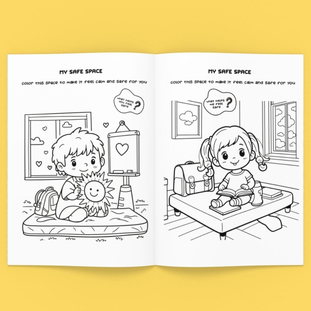 Cover of “My Safe Place” coloring pages showing children in a calm classroom setting with simple black and white line art designed for psychosocial support