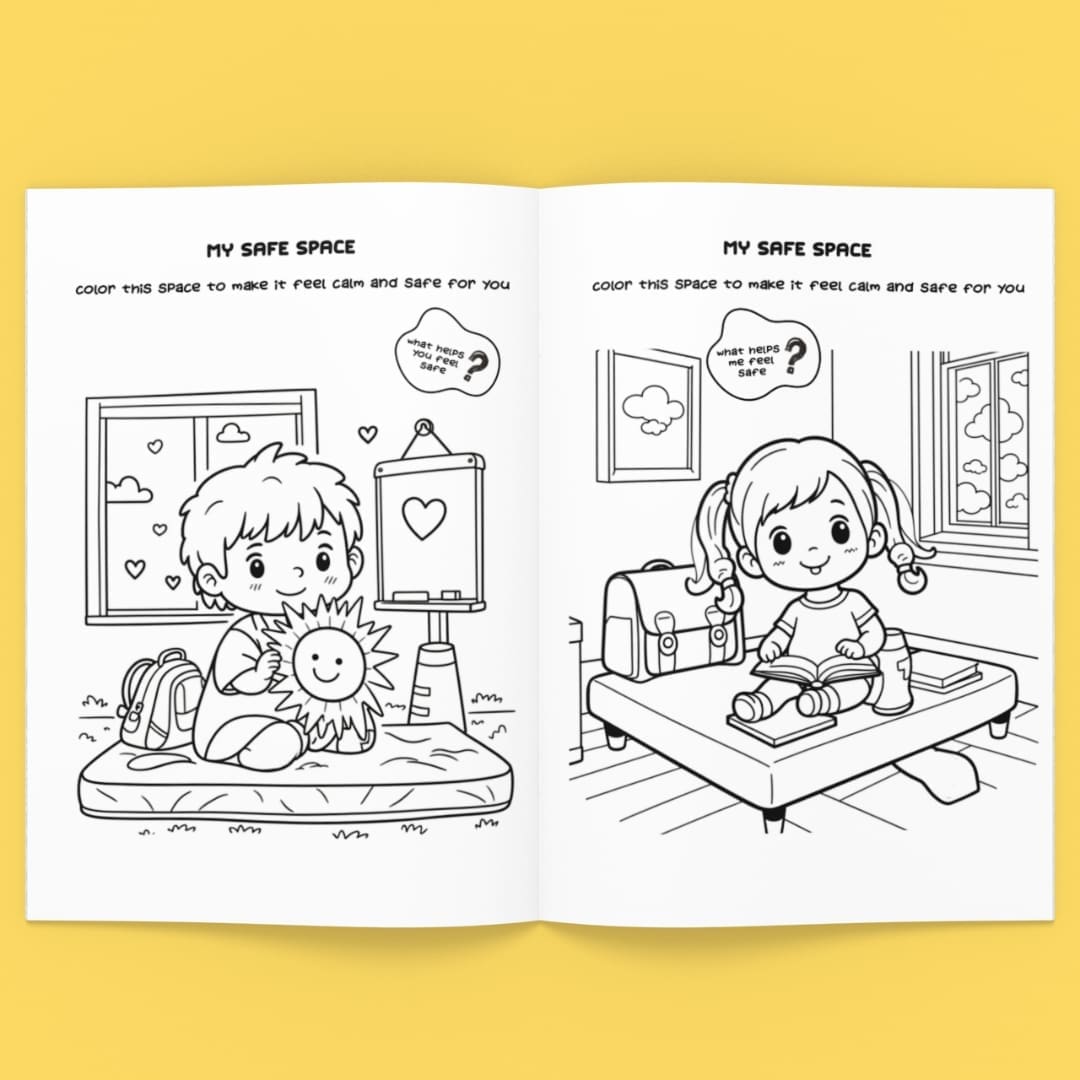 Cover of “My Safe Place” coloring pages showing children in a calm classroom setting with simple black and white line art designed for psychosocial support