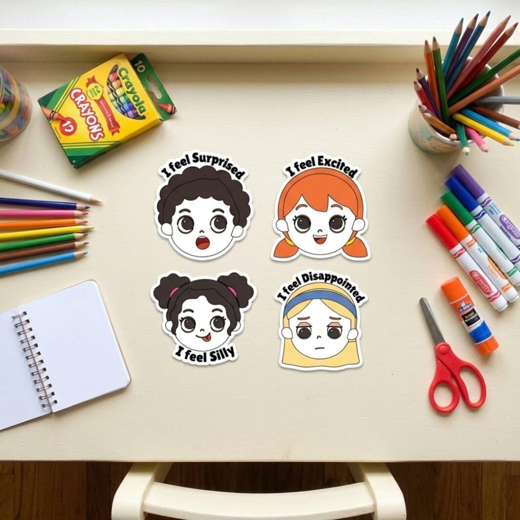 Colorful kids emotion stickers with ‘I feel…’ phrases showing faces like happy, sad, angry, scared, and excited on a soft yellow background