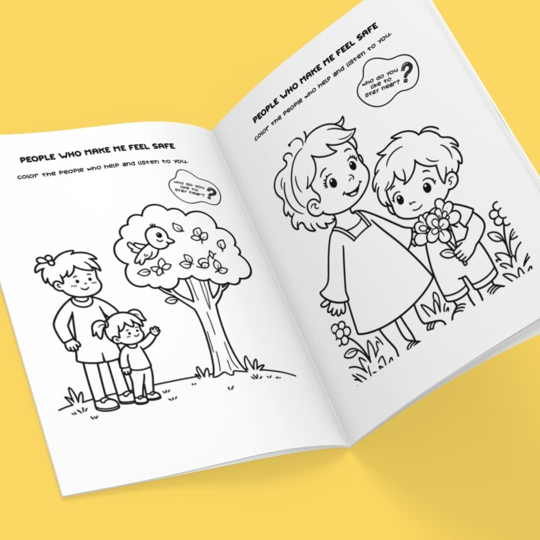Cover of “People Who Make Me Feel Safe” coloring pages showing children with supportive figures in simple black and white line art designed for emotional wellbeing