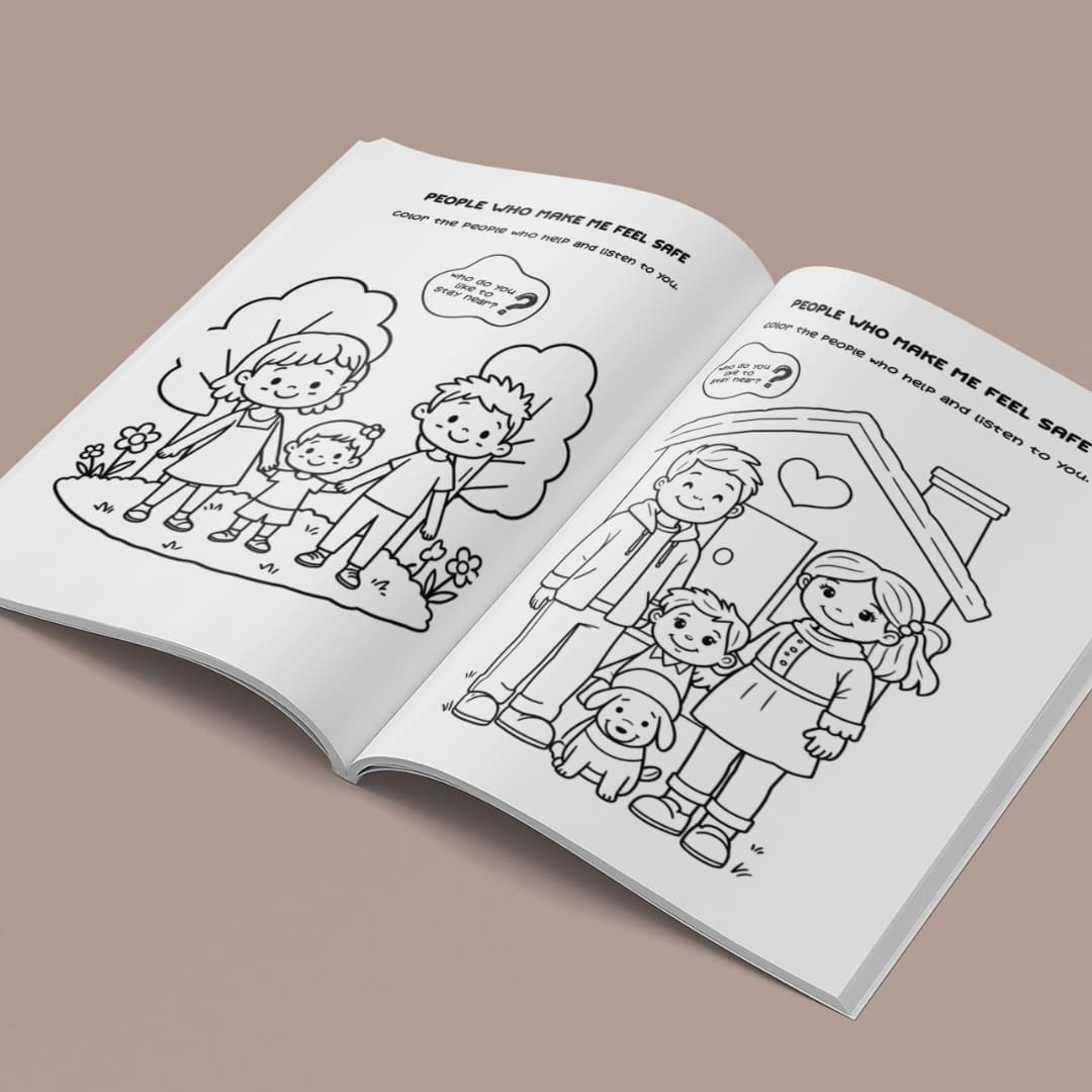 Cover of “People Who Make Me Feel Safe” coloring pages showing children with supportive figures in simple black and white line art designed for emotional wellbeing