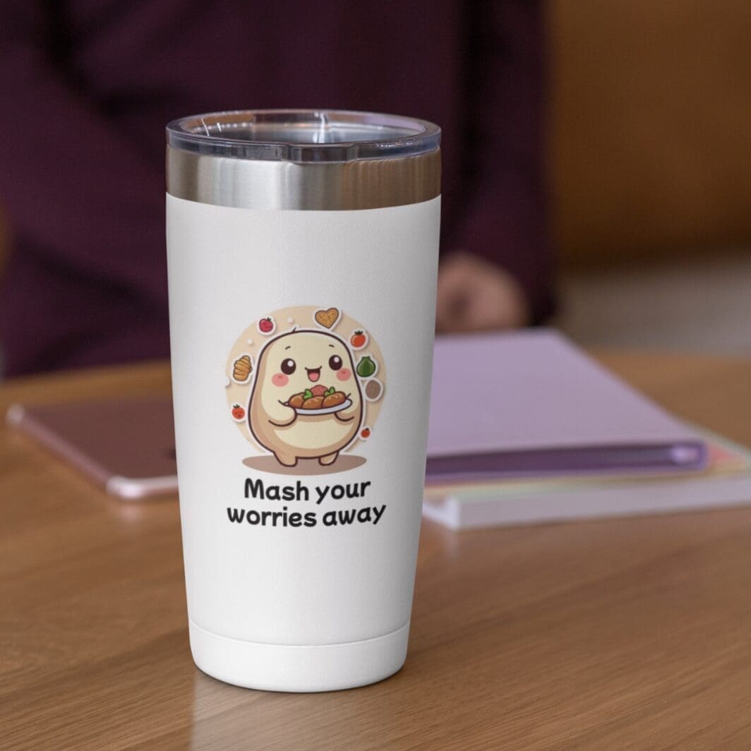 Top-view image of an open scrapbook on a wooden desk displaying seven cute kawaii snack-themed stickers with playful phrases, including a ghost, potato, sleeping hamster, chili pepper, coffee cup, ramen cat, and durian character from the “Snack Therapy Stickers” collection.
