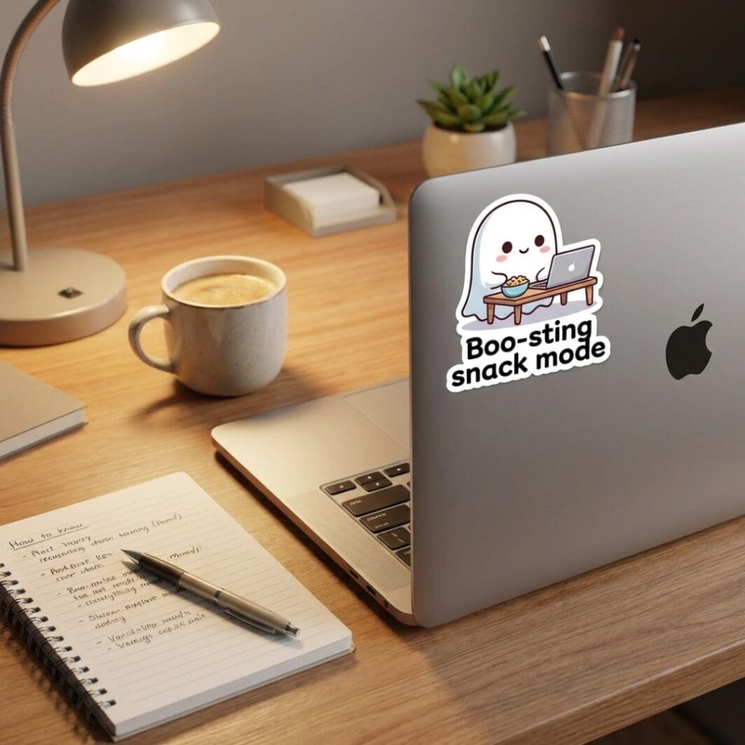 Top-view image of an open scrapbook on a wooden desk displaying seven cute kawaii snack-themed stickers with playful phrases, including a ghost, potato, sleeping hamster, chili pepper, coffee cup, ramen cat, and durian character from the “Snack Therapy Stickers” collection.