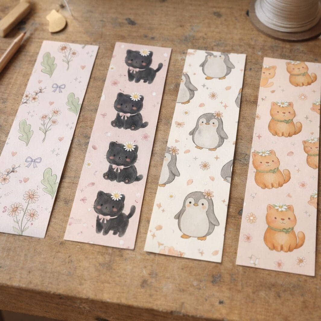Set of six pastel aesthetic bookmarks displayed in two rows, featuring soft spring designs with daisies, leaves, bows, cute black and orange kittens, and penguins on light backgrounds.