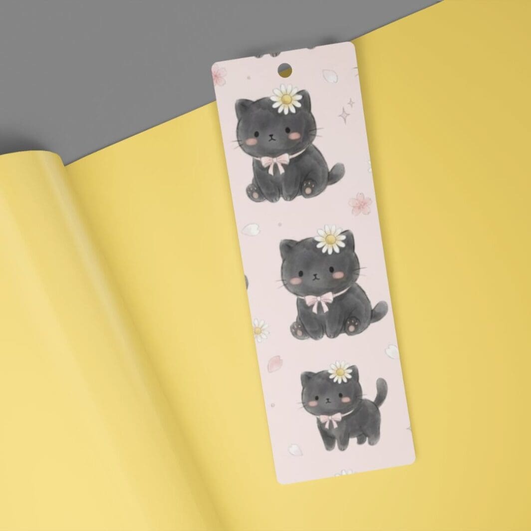 Set of six pastel aesthetic bookmarks displayed in two rows, featuring soft spring designs with daisies, leaves, bows, cute black and orange kittens, and penguins on light backgrounds.