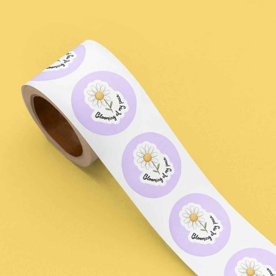 Cute hand-drawn sticker cover featuring a smiling girl sitting cross-legged reading a book, with a small penguin on her head and a daisy in her hair, in soft pastel tones with the text “Soft days only.