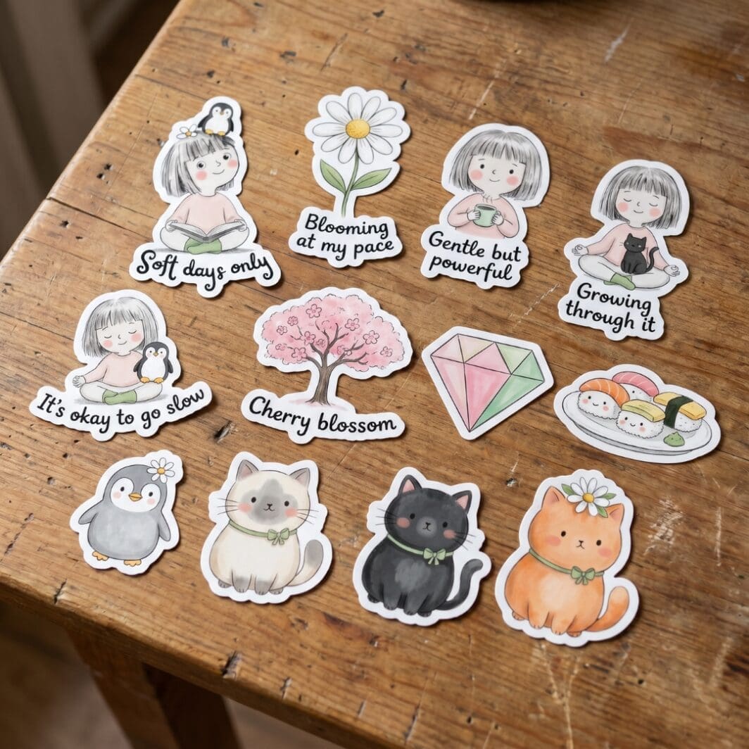 Cute hand-drawn sticker cover featuring a smiling girl sitting cross-legged reading a book, with a small penguin on her head and a daisy in her hair, in soft pastel tones with the text “Soft days only.