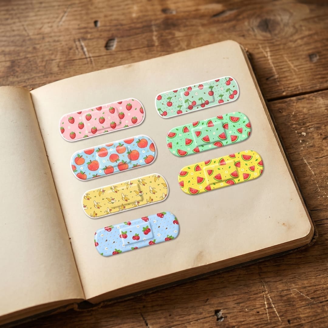 This unique set of 7 adhesive bandage-style stickers features adorable fruit patterns to instantly bring a smile, whether for kids, classrooms, or creative projects.