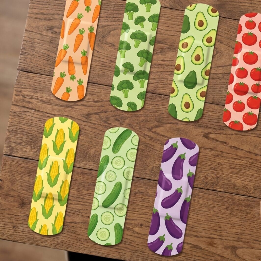 Colorful fruit-themed bandage stickers arranged on a kids’ school infirmary cabinet, creating a cheerful and comforting first-aid environment