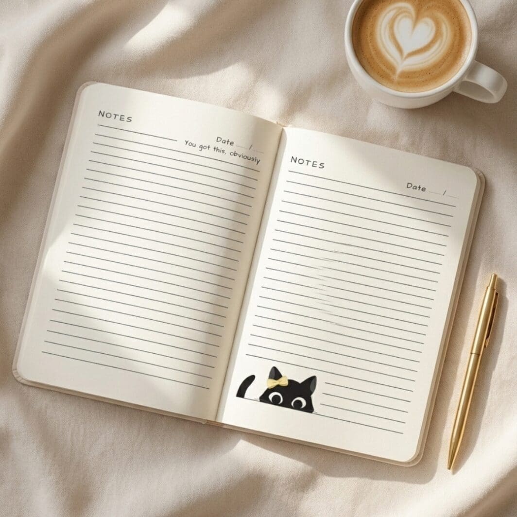 A stylish A5 notebook cover titled “Her Notebook,” featuring a collection of short, witty, and slightly sarcastic phrases that describe a strong yet soft, hardworking, caring woman, designed in a clean, modern layout with a feminine aesthetic.