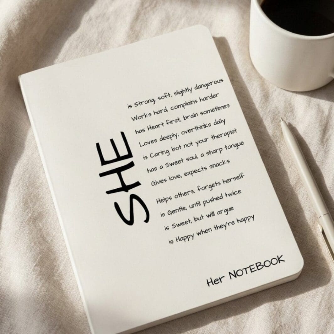 A stylish A5 notebook cover titled “Her Notebook,” featuring a collection of short, witty, and slightly sarcastic phrases that describe a strong yet soft, hardworking, caring woman, designed in a clean, modern layout with a feminine aesthetic.