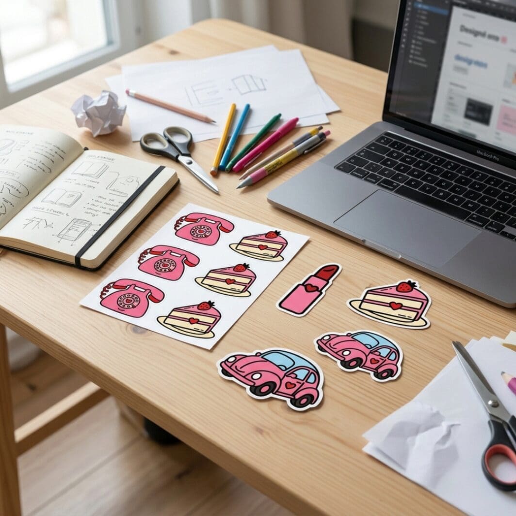 Minimalist collection of 15 love-themed stickers in red and pink, featuring hearts, cute icons, and playful romantic elements in a clean modern style.